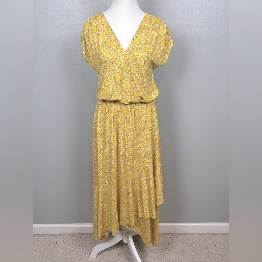 Anthropologie Maeve Fete yellow print viscose elastane Midi Dress, small.